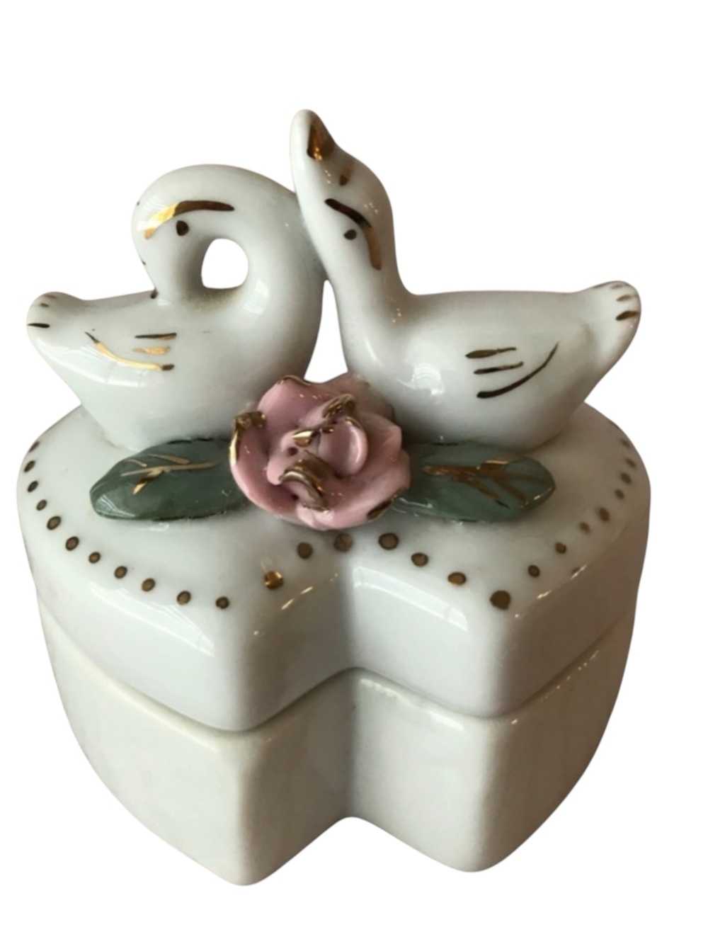 Vintage Porcelain Swan Trinket Box Heart Shape Pink Rose Gold Gilt Jewelry Dish